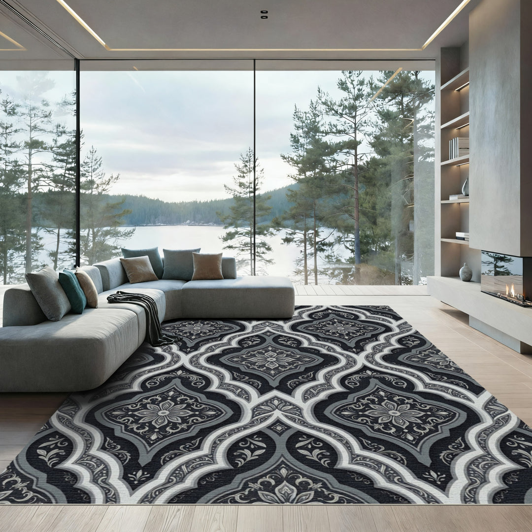 Traditional Black Gray Arabesque Medallion Rug