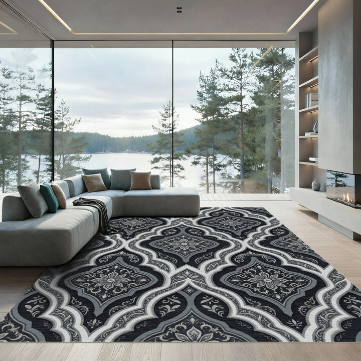Traditional Black Gray Arabesque Medallion Rug