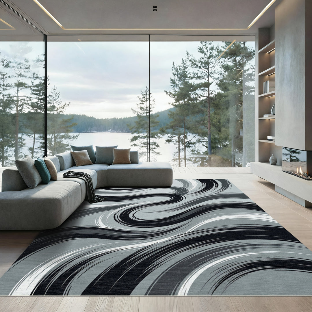 Abstract Black White Gray Swoosh Rug