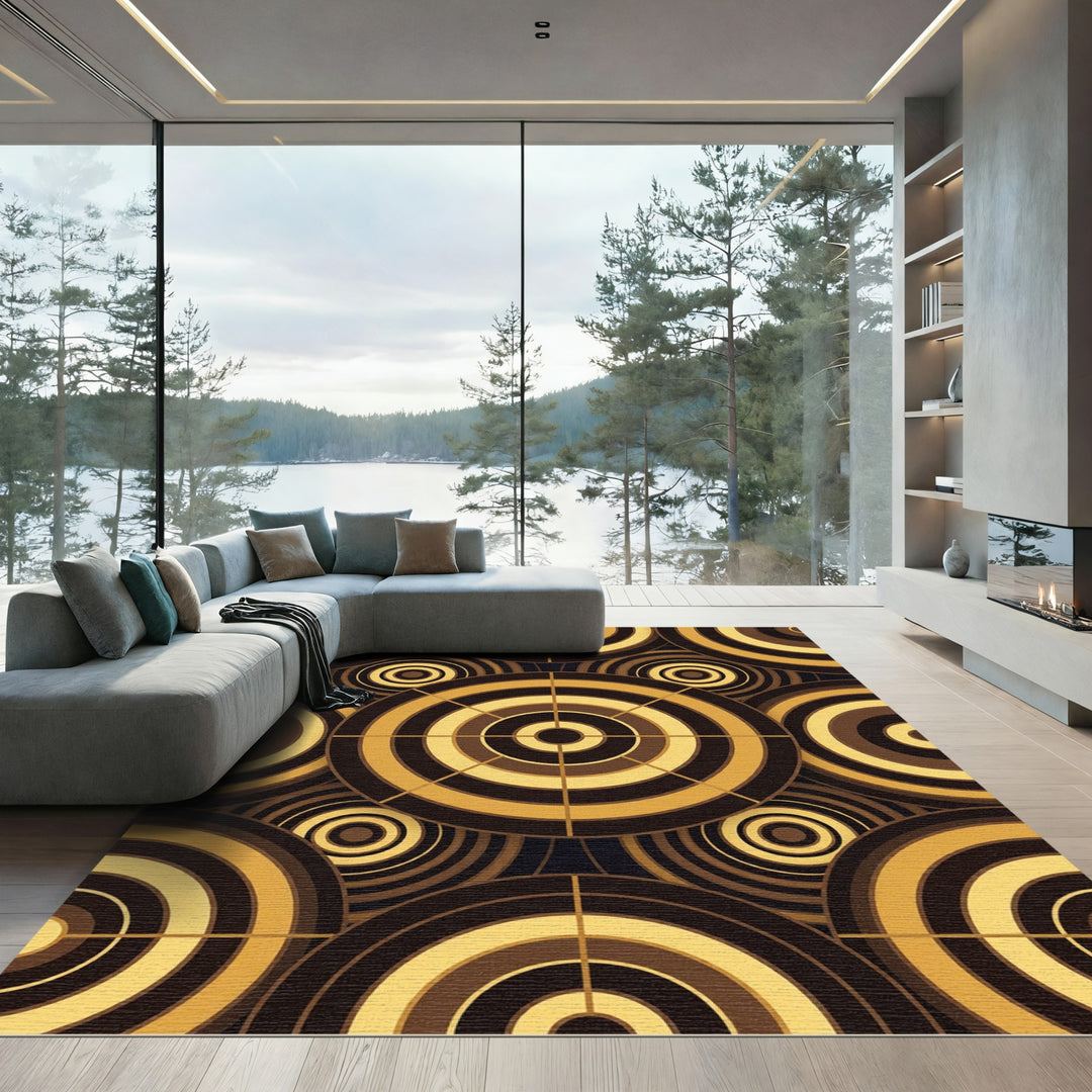 Retro Gold Brown Concentric Circles Rug