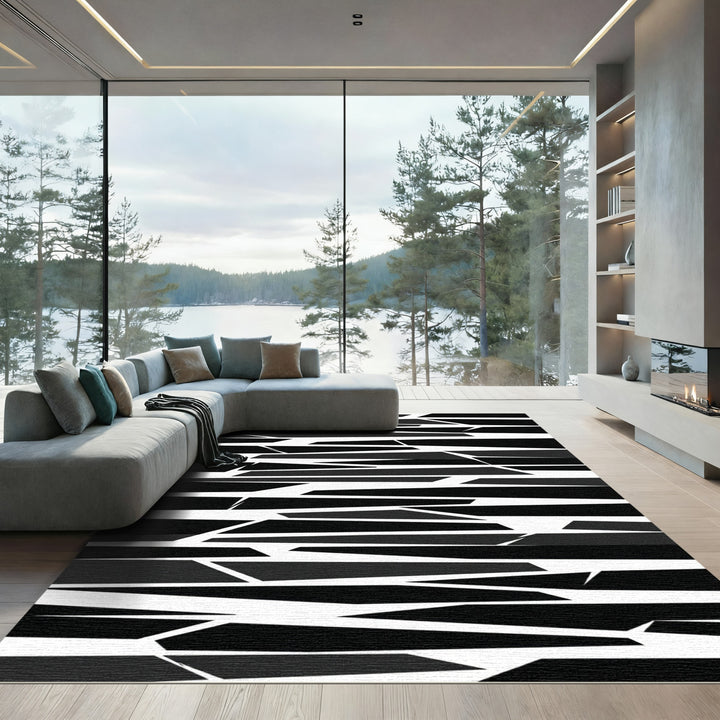 Monochrome Asymmetrical Fragmented Stripes Rug