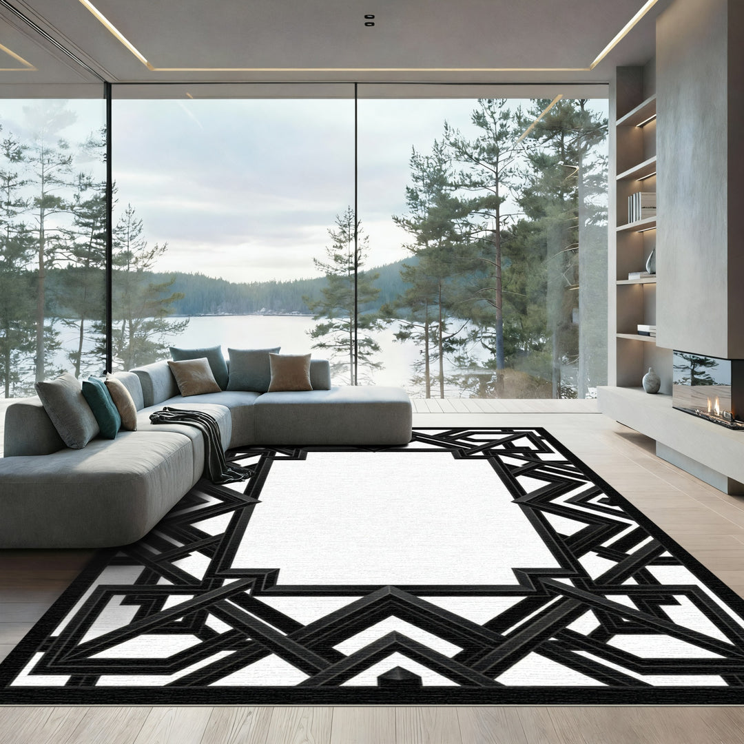 Geometric Art Deco Black Frame Rug