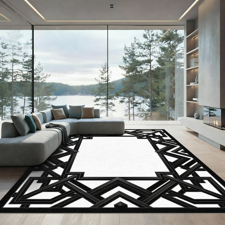 Geometric Art Deco Black Frame Rug