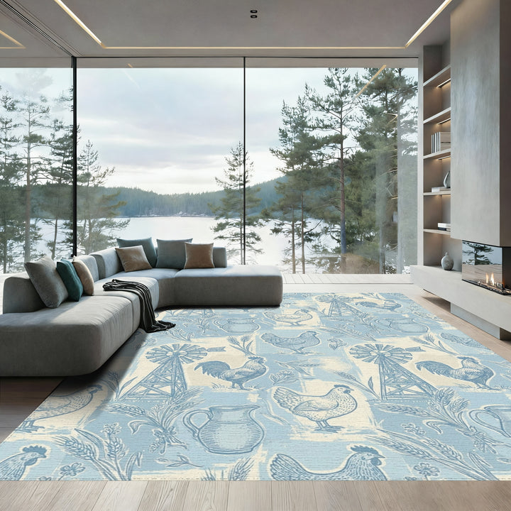 Farmhouse Blue Rooster Chicken Windmill Scene Rug