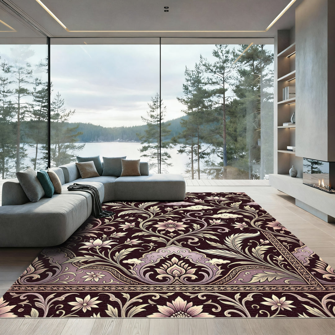 Elegant Plum Floral Paisley Border Rug