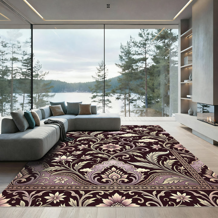 Elegant Plum Floral Paisley Border Rug