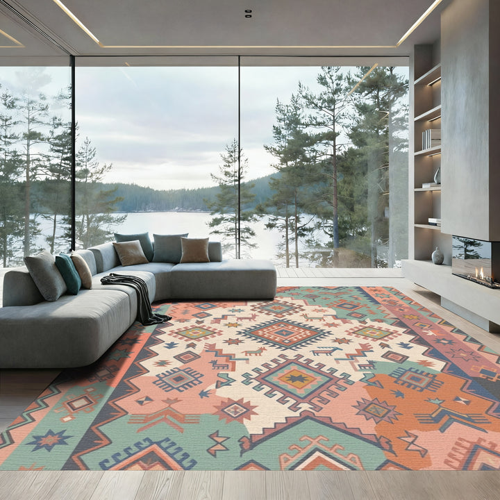 Terracotta Teal Geometric Animal Medallion Rug