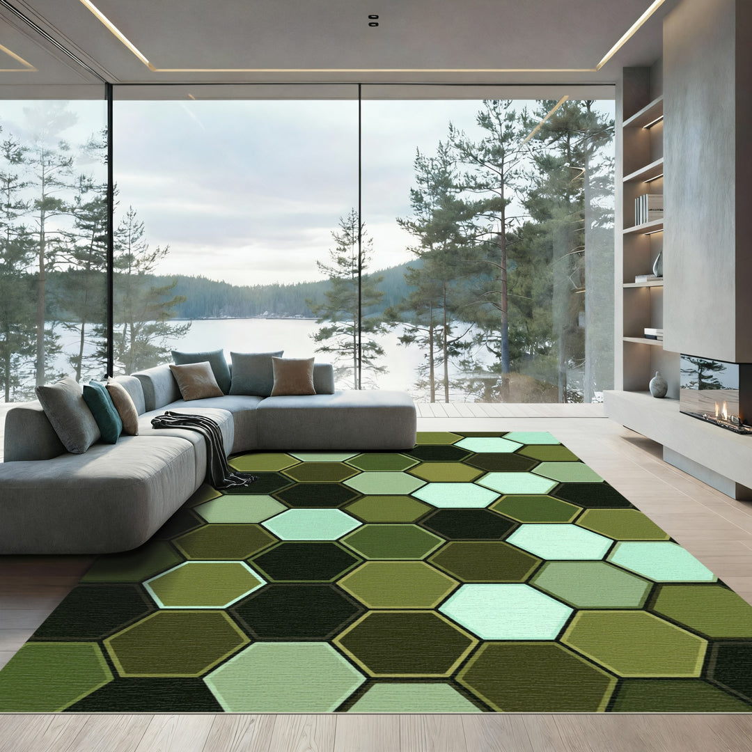 Olive Green Hexagon Texture Rug