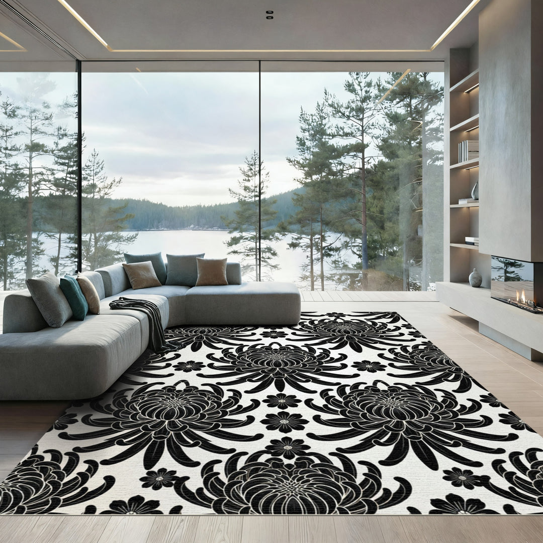 Black Chrysanthemum Floral Damask Rug