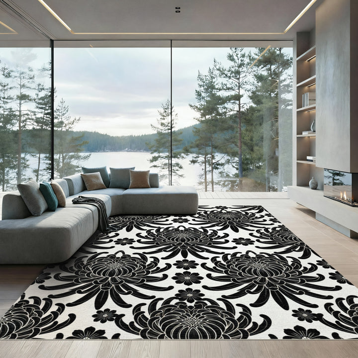 Black Chrysanthemum Floral Damask Rug
