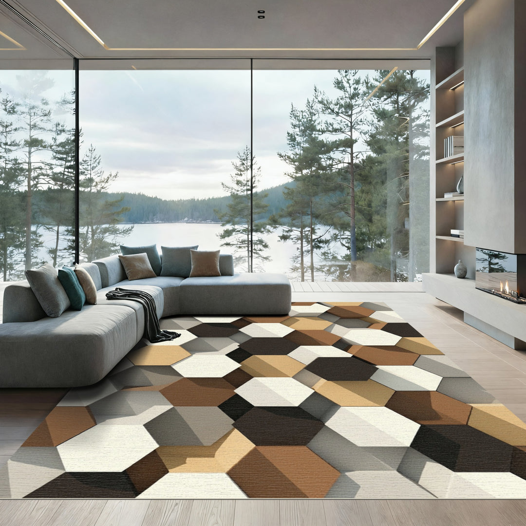Brown Cream Gray Hexagon Tessellation Rug