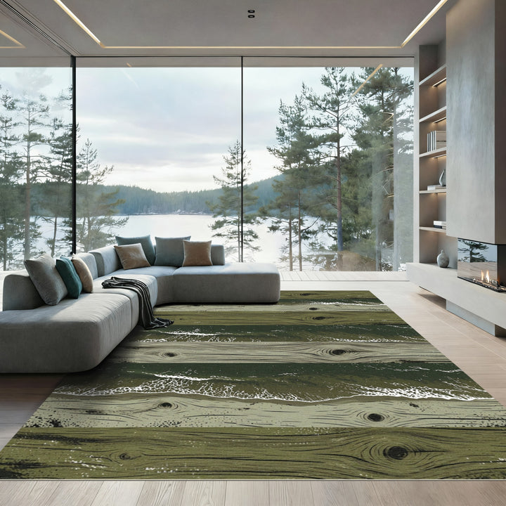 Rustic Wood Grain Ocean Wave Rug