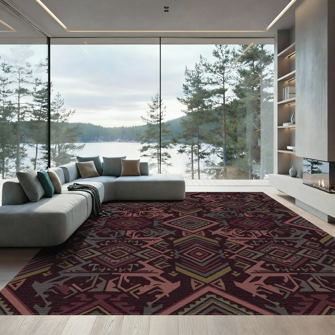 Deep Maroon Geometric Tribal Diamond Rug