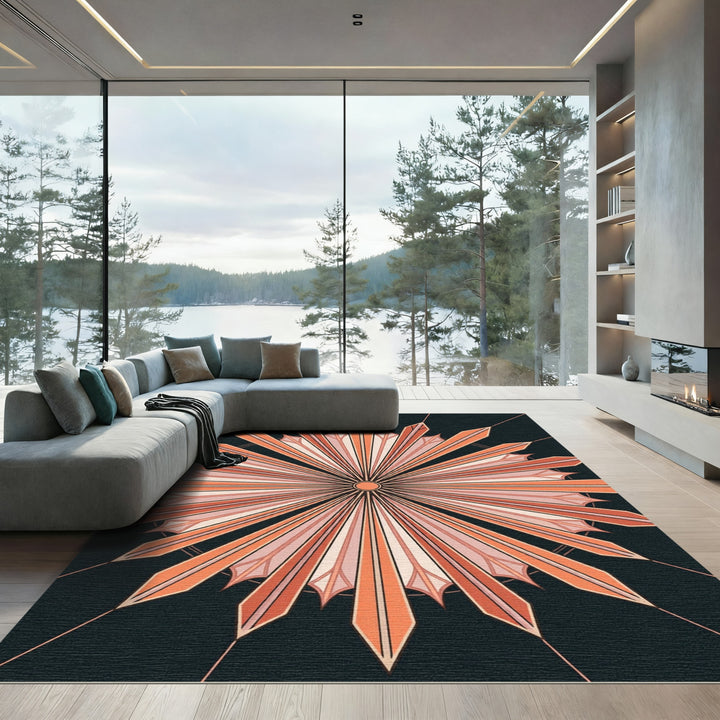 Coral Sunburst Geometric Rays Rug