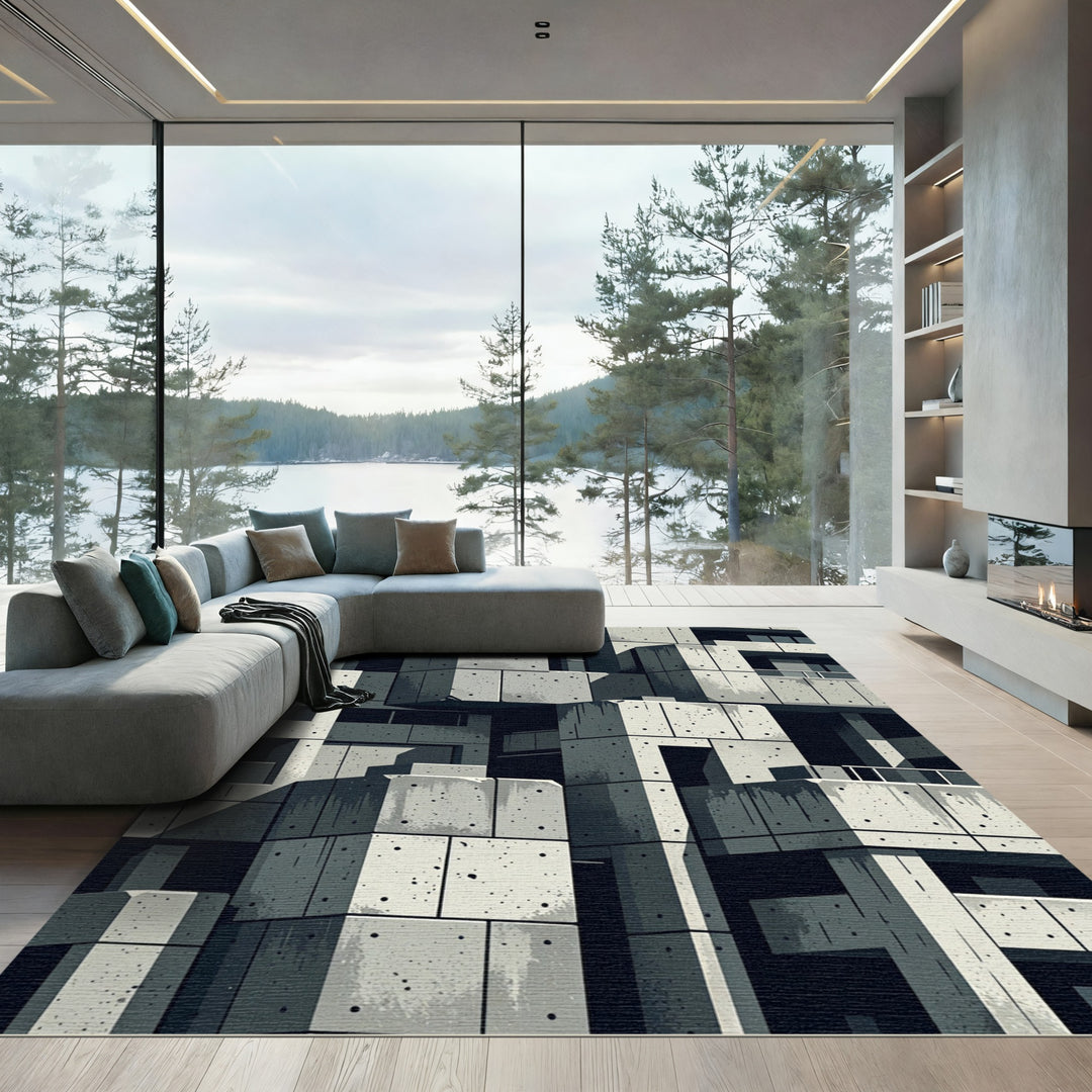 Grayscale Brutalist Concrete Block Rug