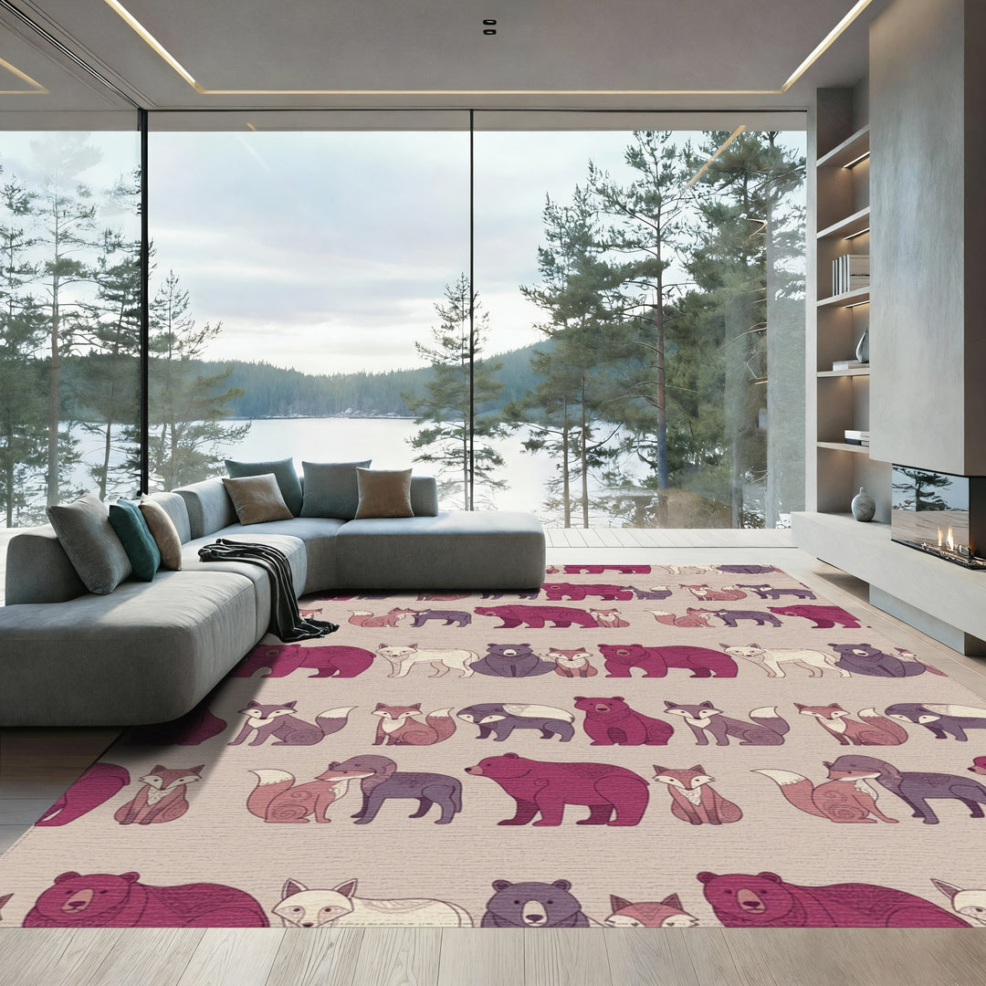 Burgundy Fox Bear Woodland Creatures Rug