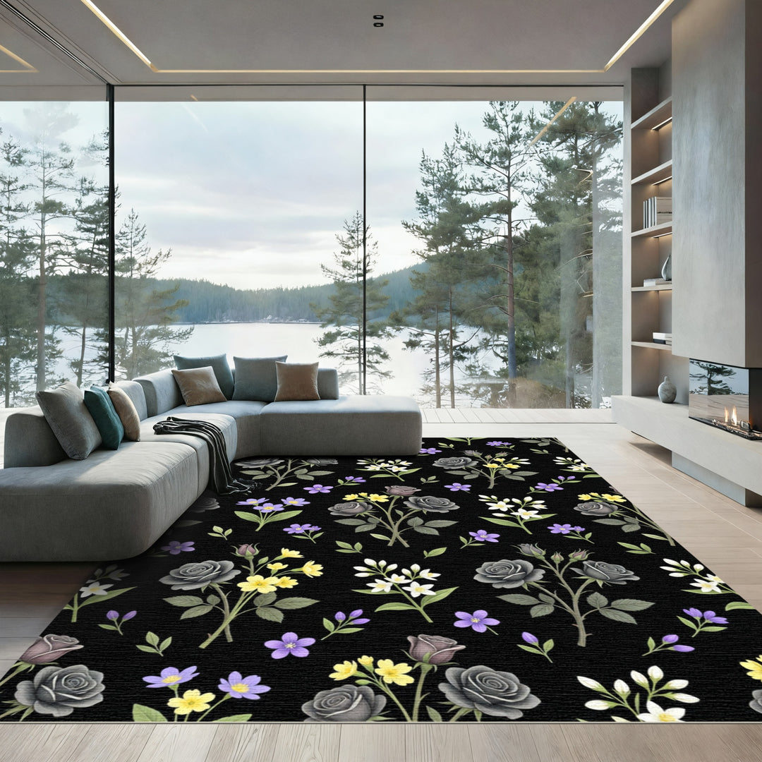 Black Rose and Violet Scattered Blooms Rug