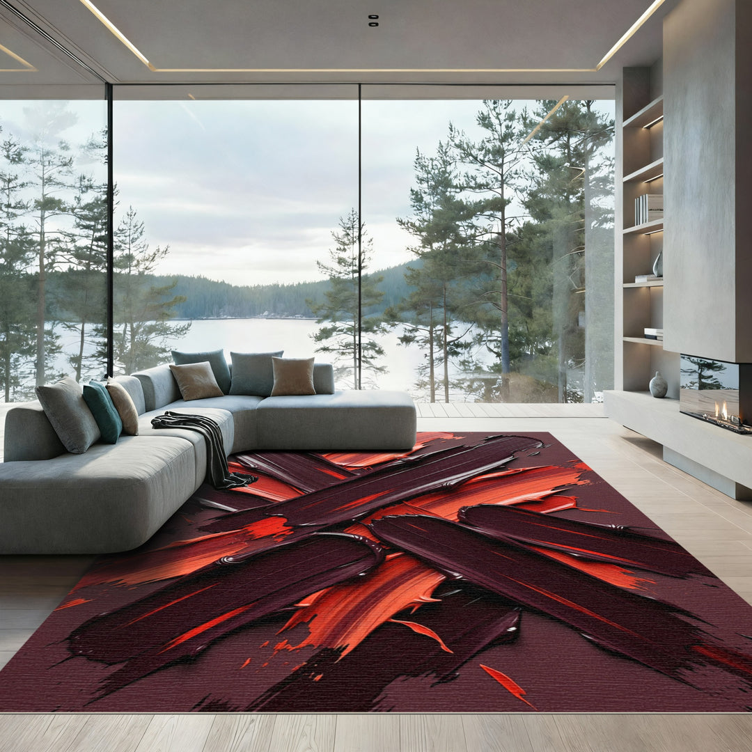 Bold Crimson Abstract Brushstroke Rug