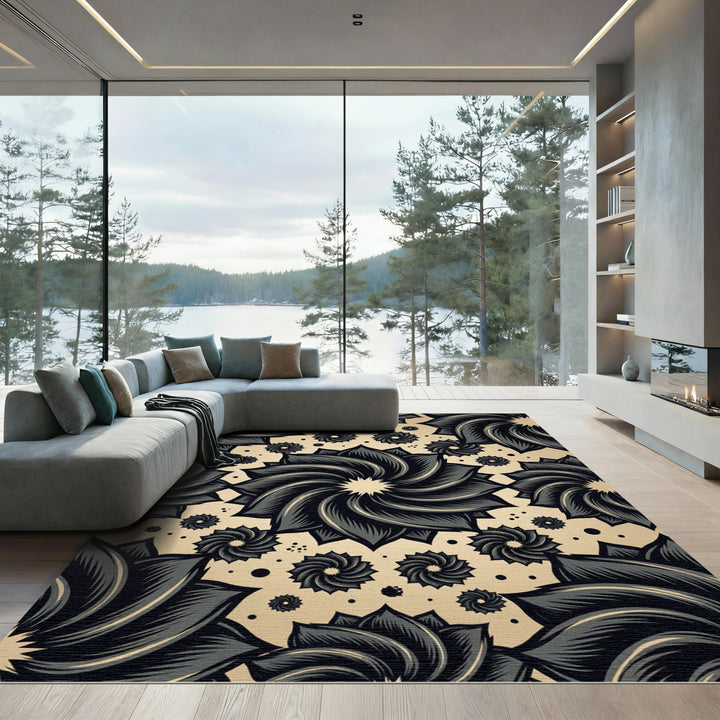 Dark Floral Swirls Cream Rug
