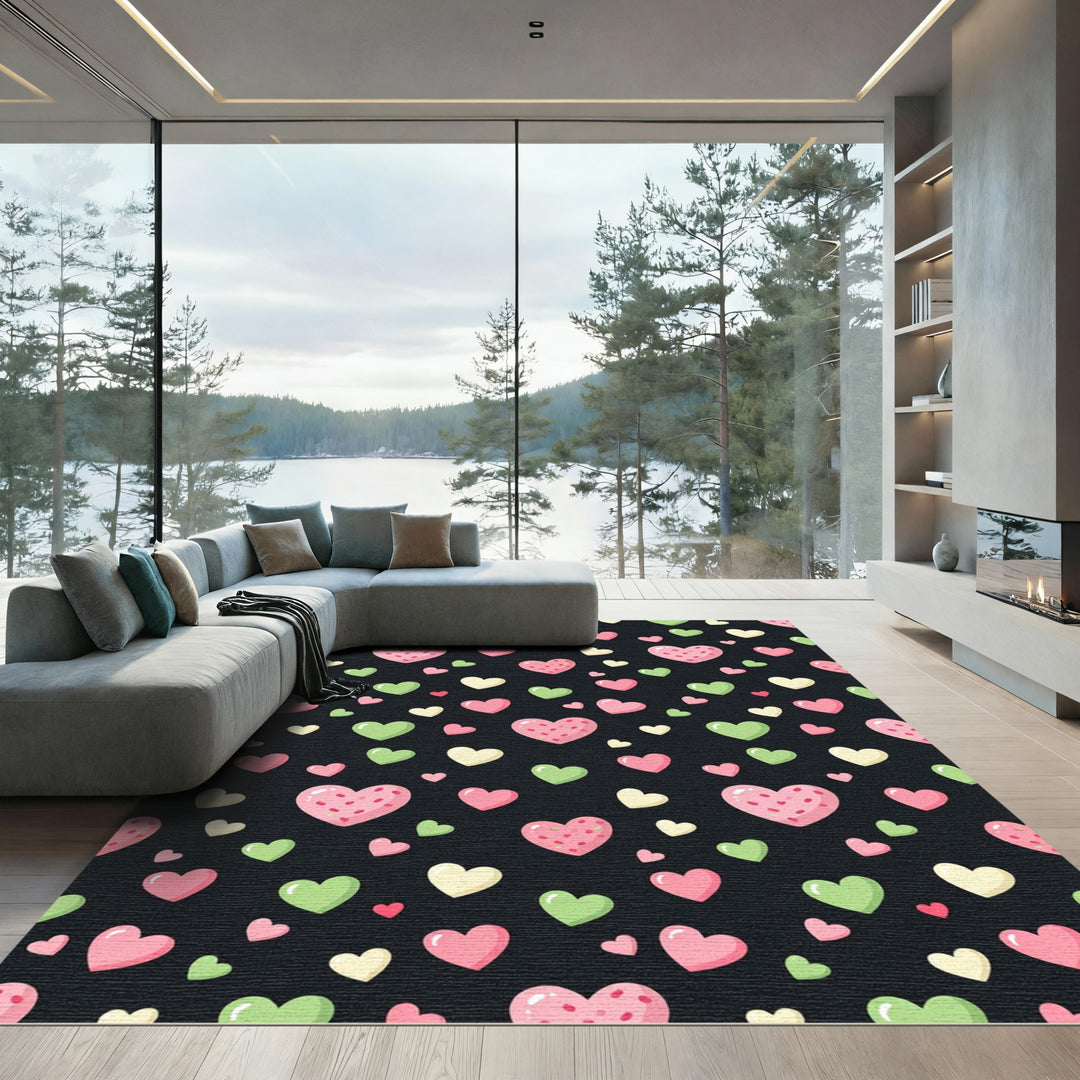 Cute Pink Green Hearts Black Background Rug