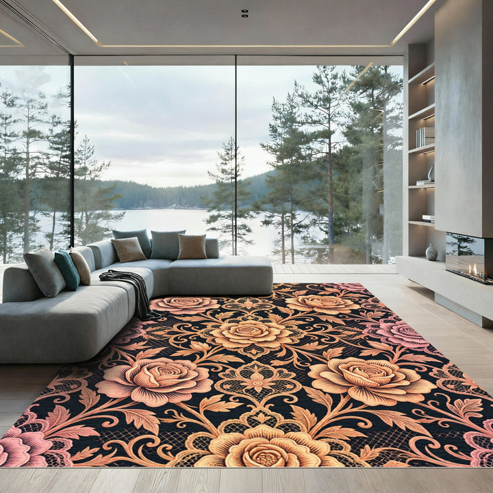 Pink Coral Rose Lace Medallion Rug