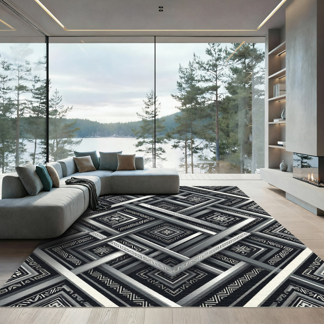Geometric Lines Black Silver Composition Rug