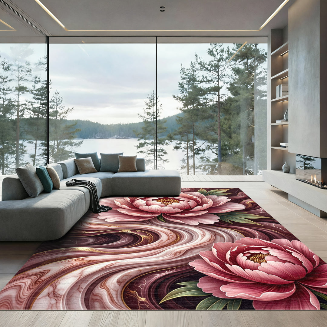 Pink Peony Marble Vein Swirl Rug