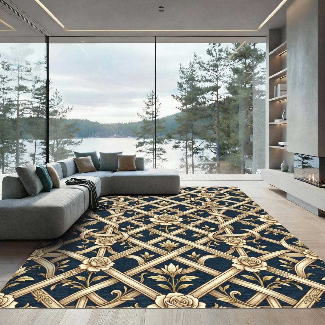 Earthy Rose Lattice Scroll Wallpaper Rug