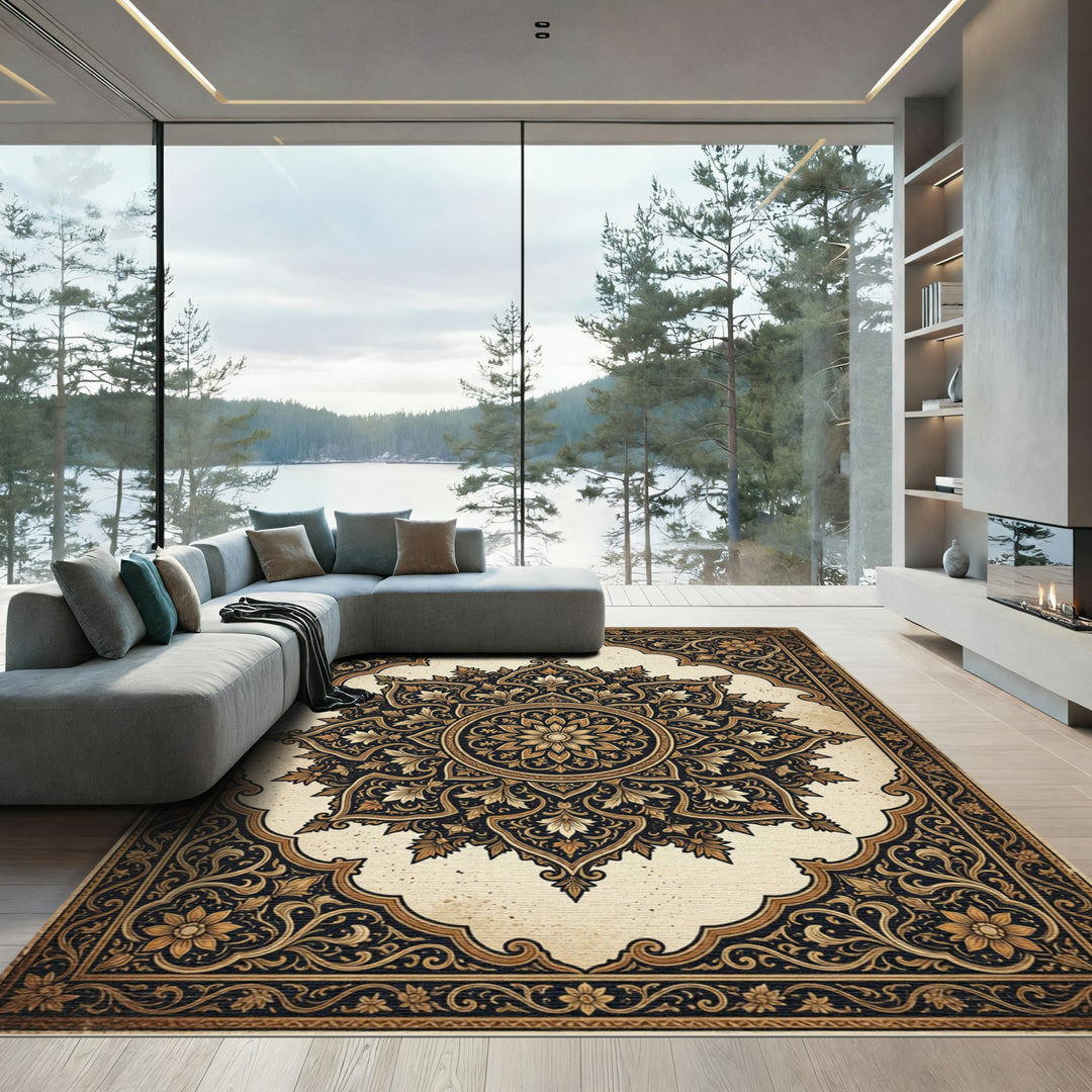 Ornate Golden Floral Mandalas Rug