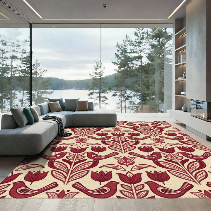 Deep Red Floral Bird Garden Rug