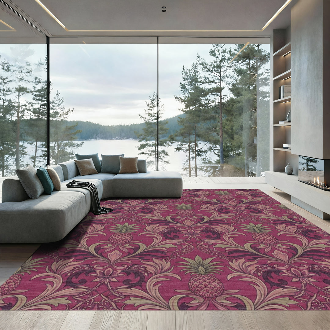 Crimson Pineapple Damask Floral Rug