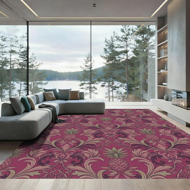 Crimson Pineapple Damask Floral Rug
