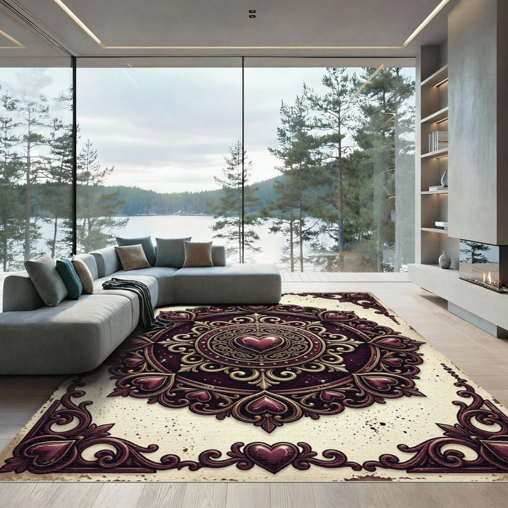 Elegant Crimson Heart Mandala Rug