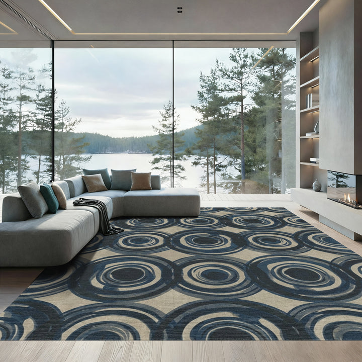 Ink Blue Concentric Circles Rug