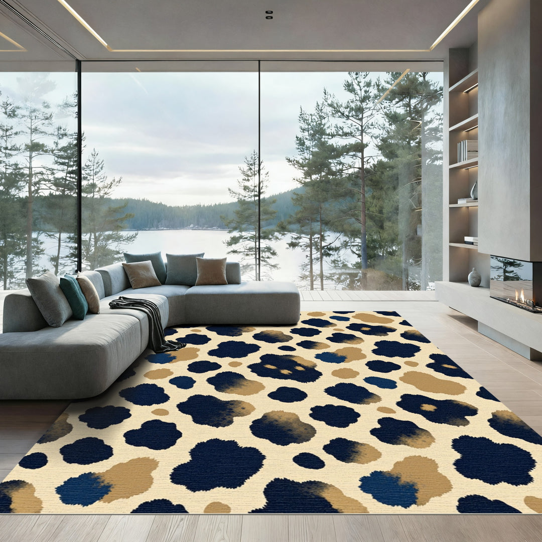 Chic Dark Blue Beige Abstract Spots Rug