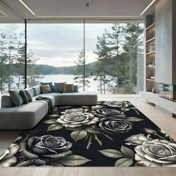Gray White Sepia Rose Botanical Background Rug