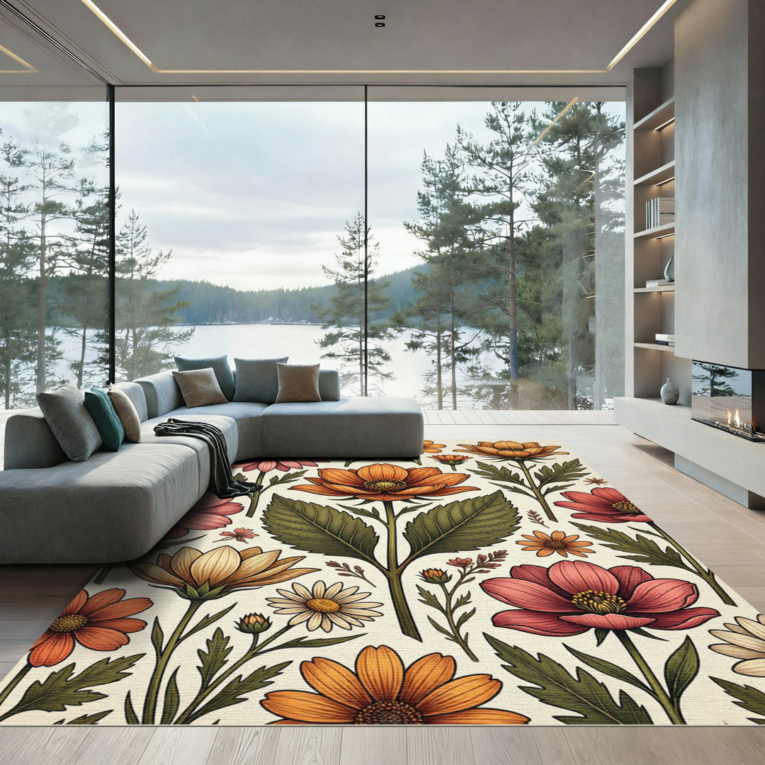 Vibrant Coral Orange Floral Botanical Rug