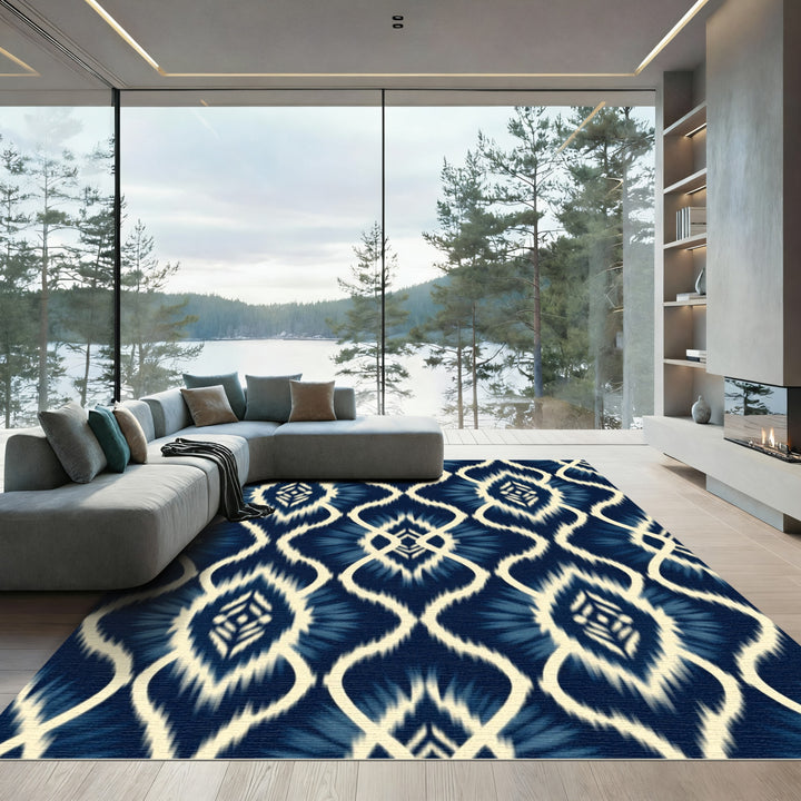 Deep Blue Ikat Ogee Diamond Repeating Rug
