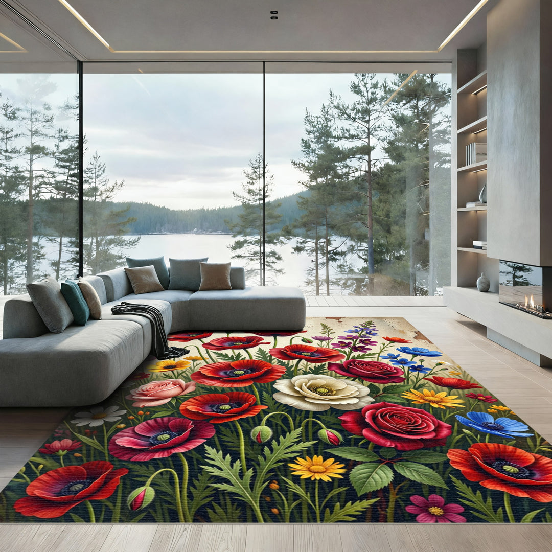 Vibrant Red Poppy Garden Medley Rug