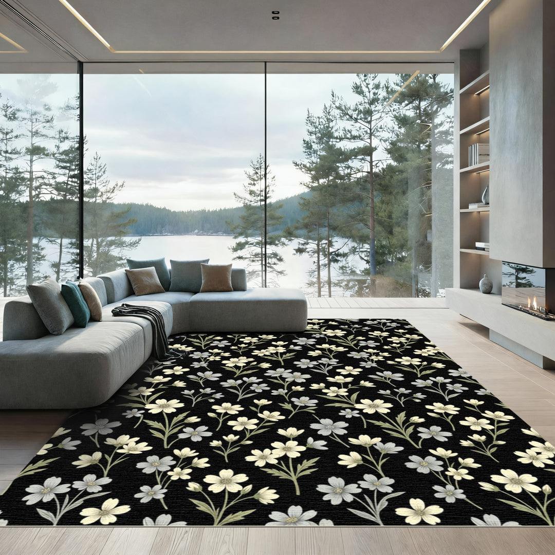 Light Cream Blue Floral Garden Rug