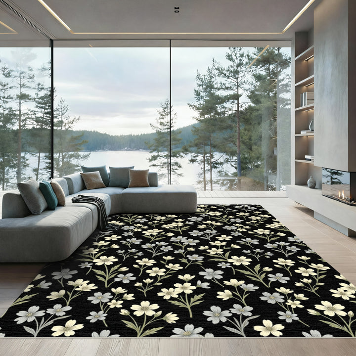 Light Cream Blue Floral Garden Rug