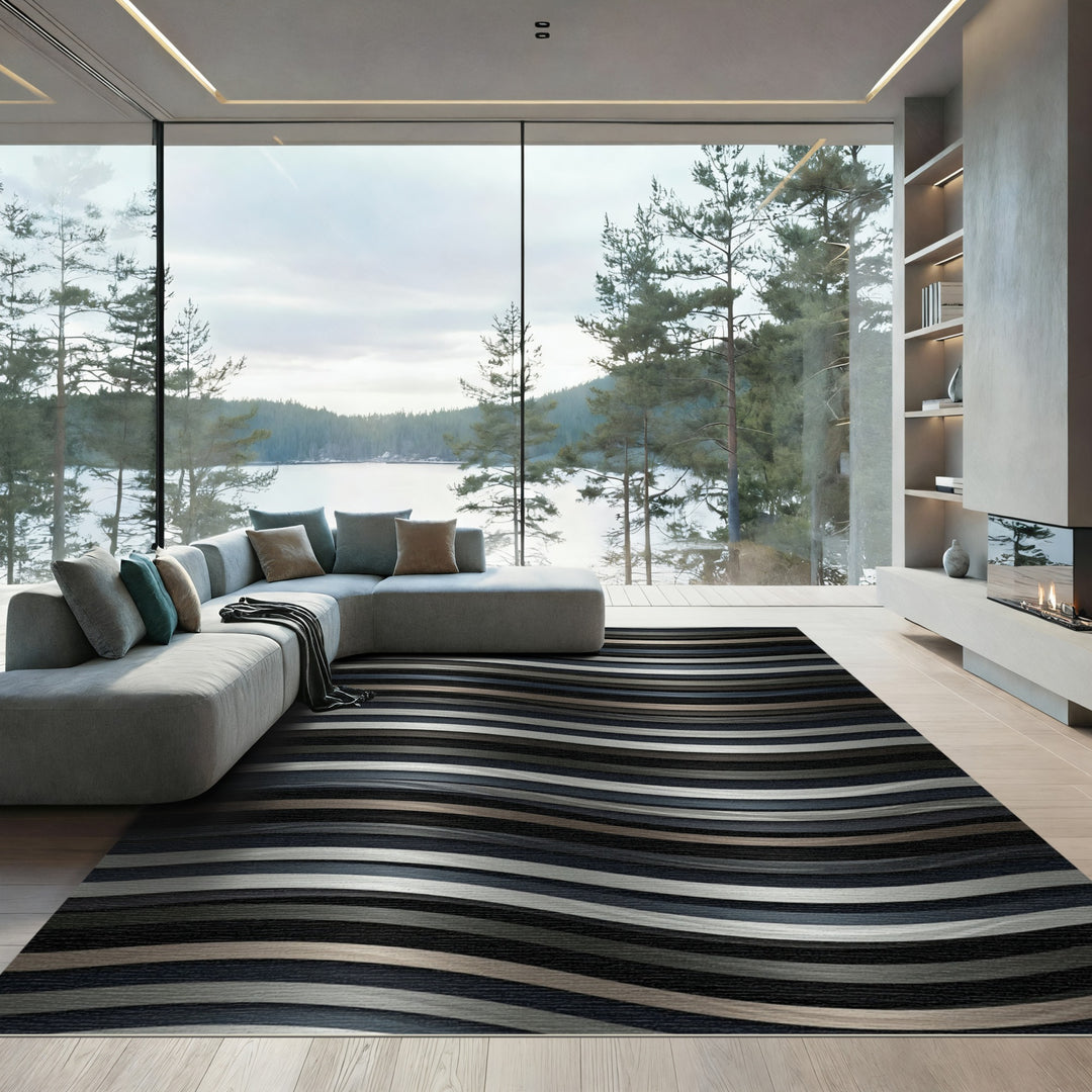 Wavy Silver Taupe Black Stripes Rug