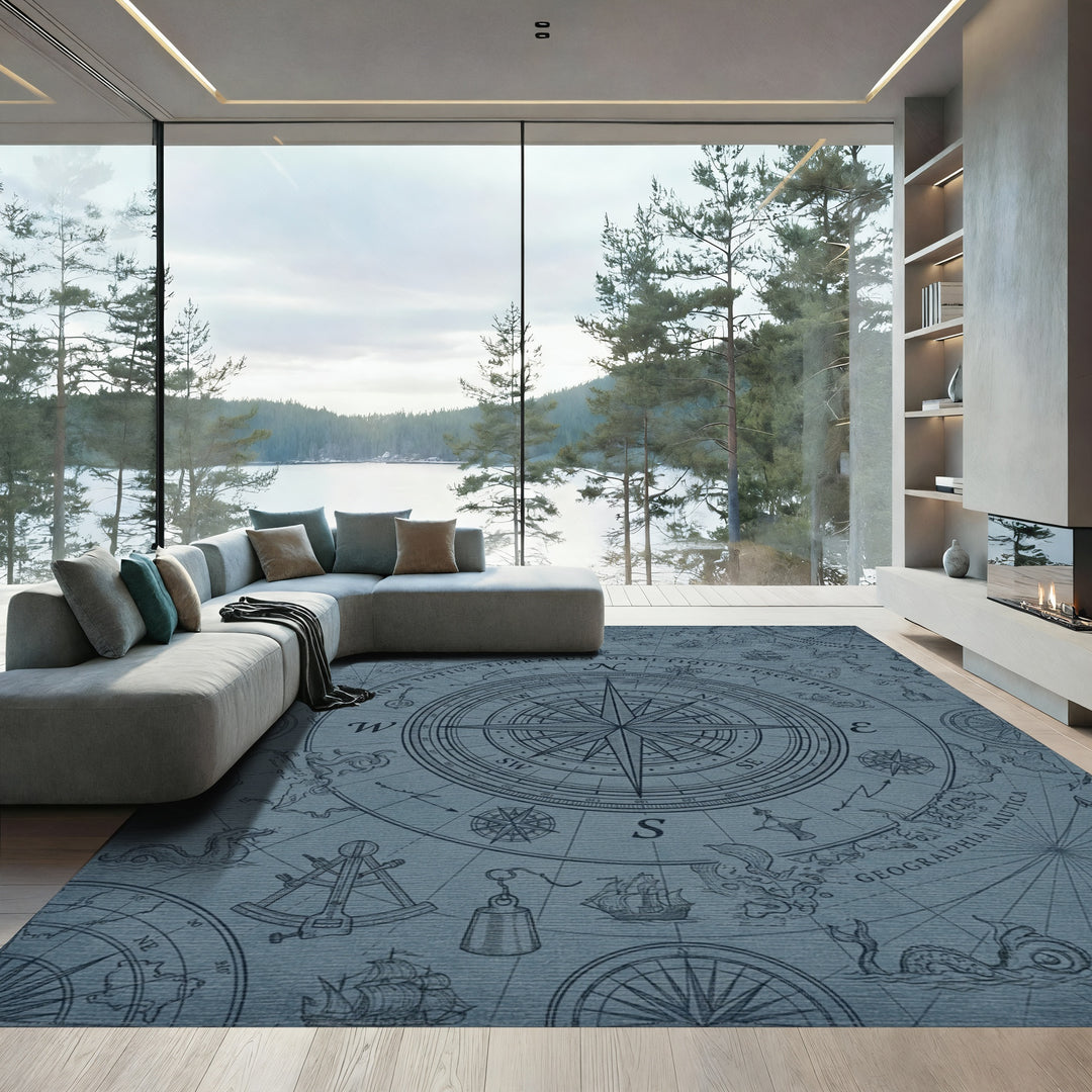 Nautical Compass Map Celestial Navy Rug