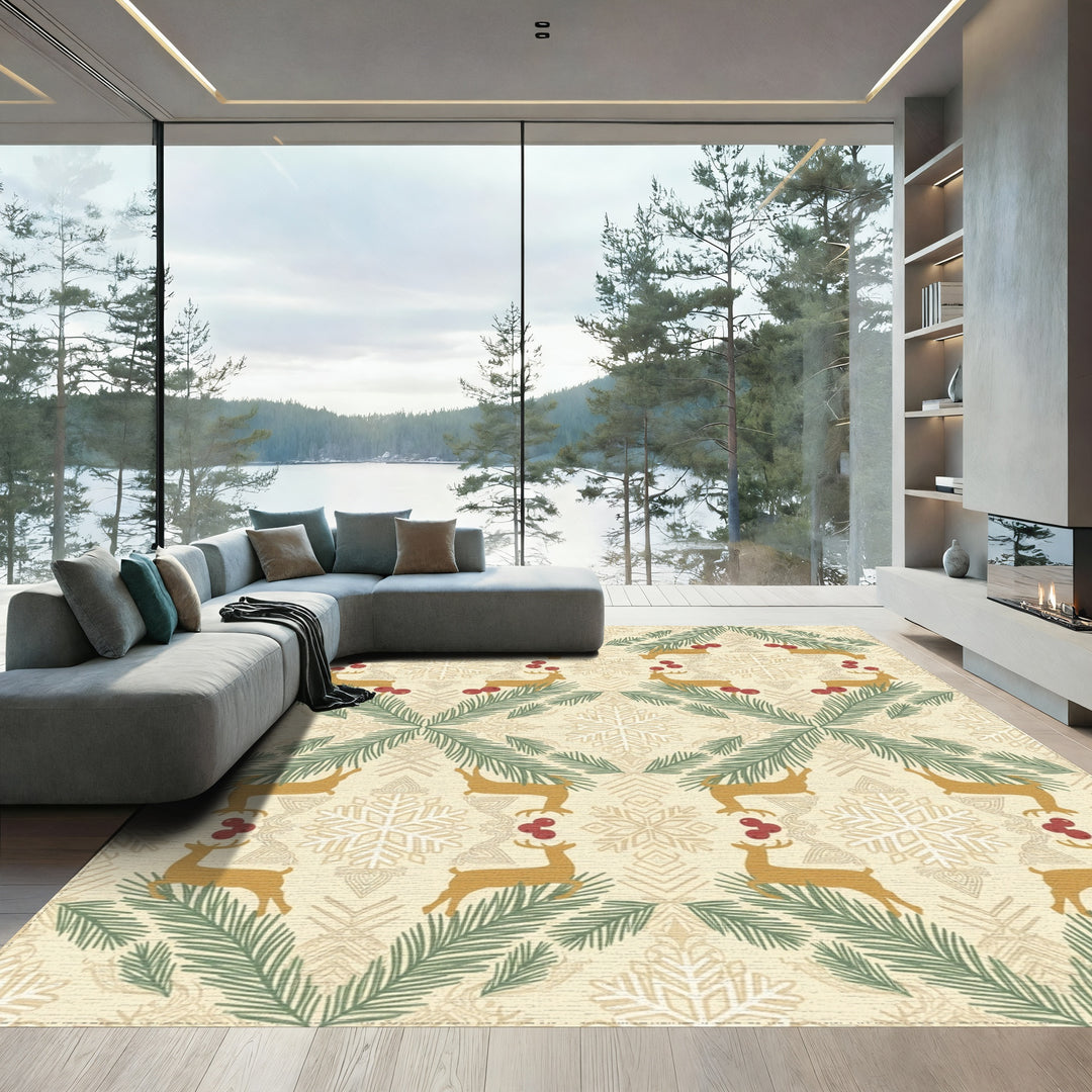 Golden Reindeer Pine Berry Snowflakes Rug