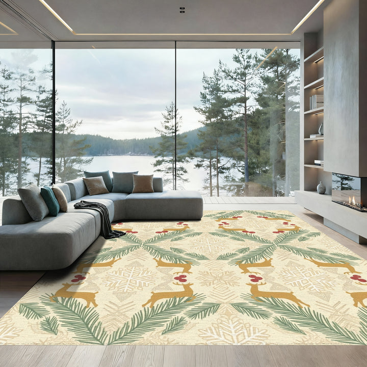 Golden Reindeer Pine Berry Snowflakes Rug