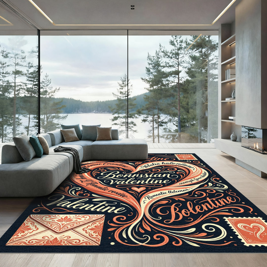 Romantic Coral Heart Swirl Calligraphy Rug