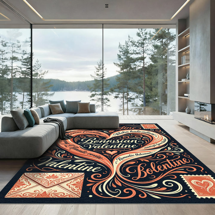 Romantic Coral Heart Swirl Calligraphy Rug