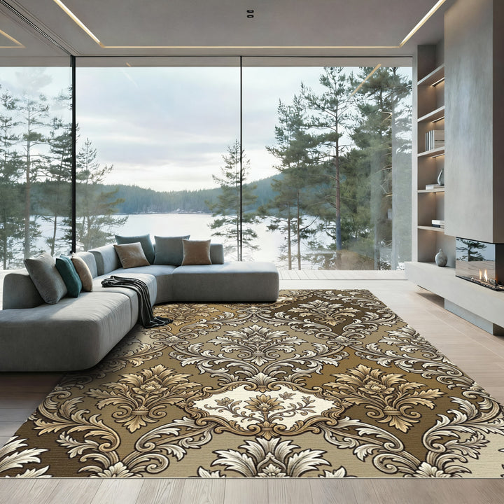 Ornate Gold Brown Damask Medallion Rug