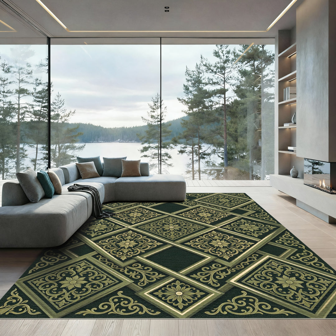 Ornate Vintage Gold Damask Square Rug