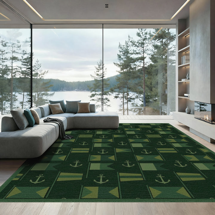 Maritime Navy Green Flags Anchors Rug
